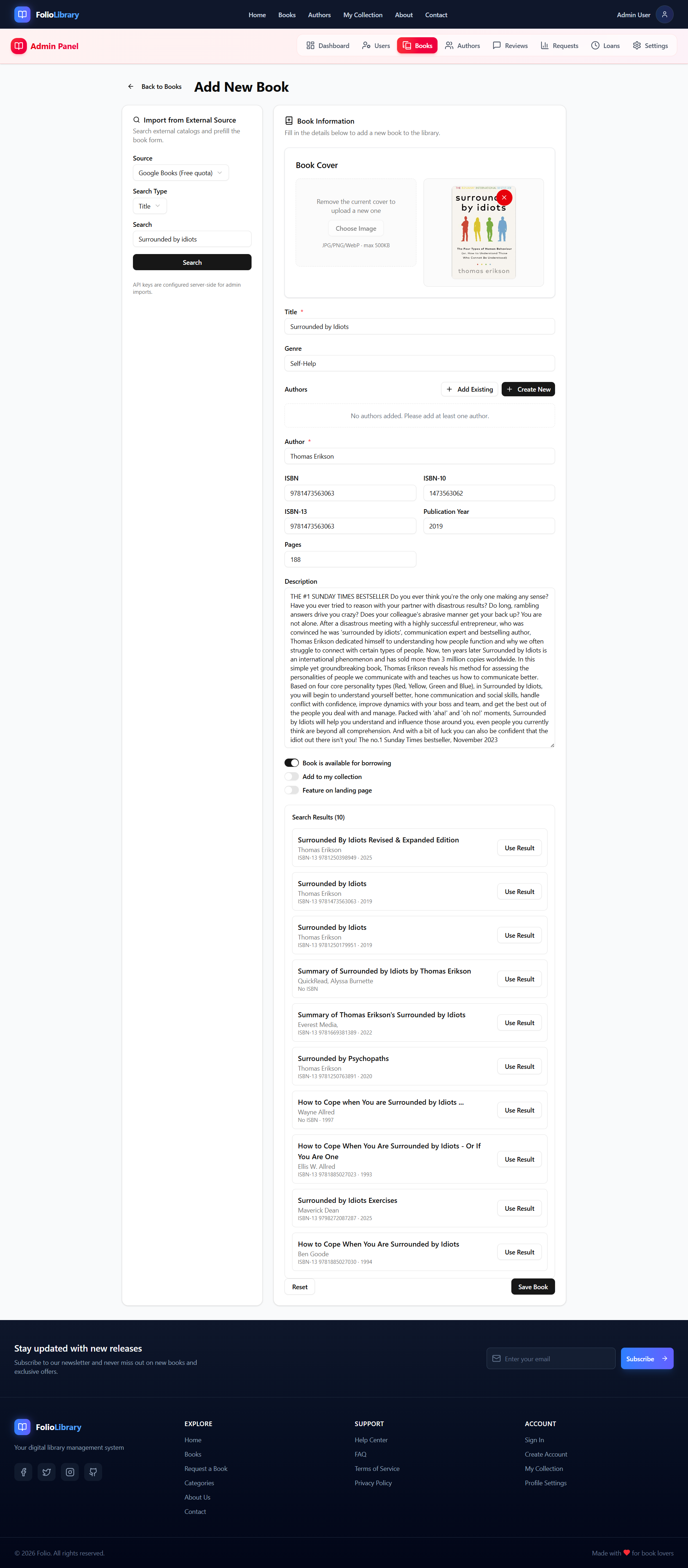 Admin Create book using external source