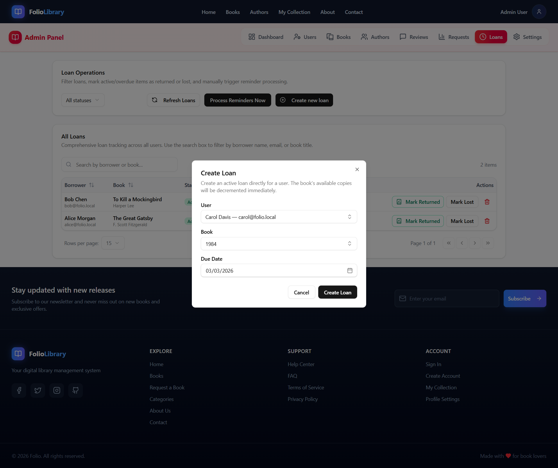 Admin Create a loan for book