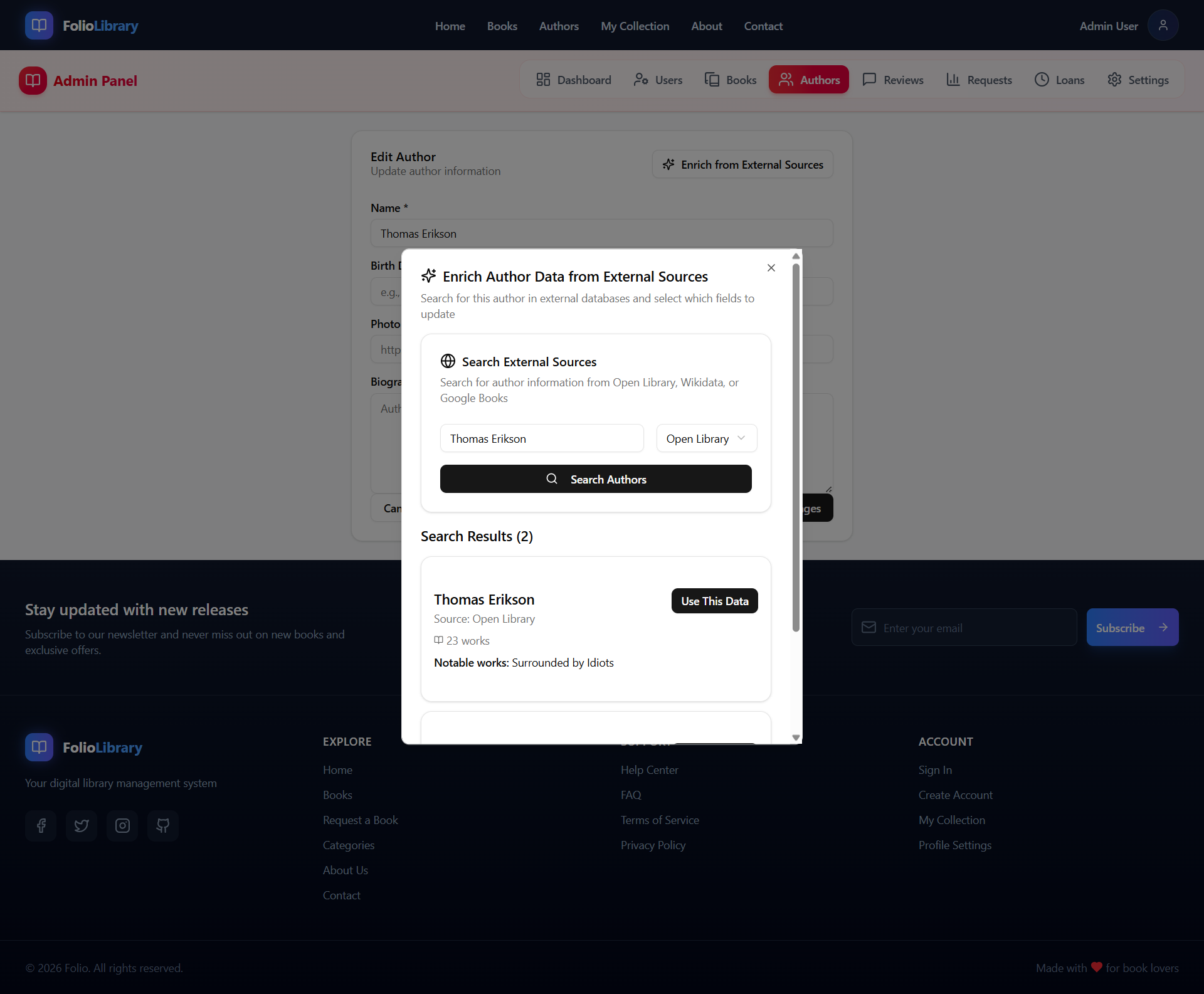 Admin Edit Author details by enriching from external sources