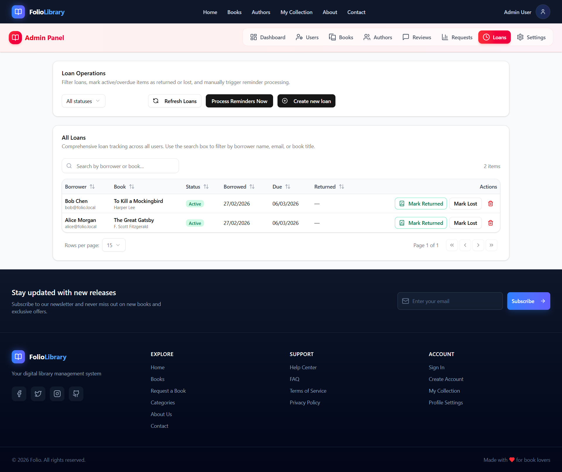 Admin loan list page
